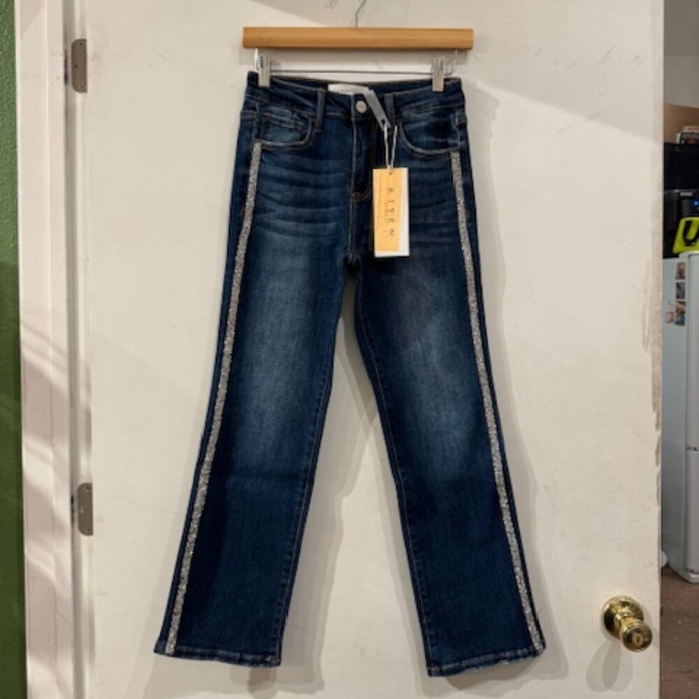 High Rise Rhinestone Strap Embellished Slim Straight Jeans